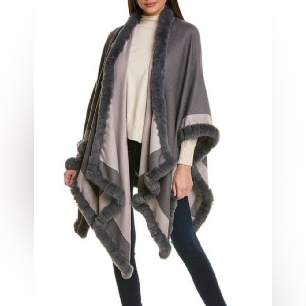 La Fiorentina Gray FAUX Fur Trim wrap poncho fall EUC